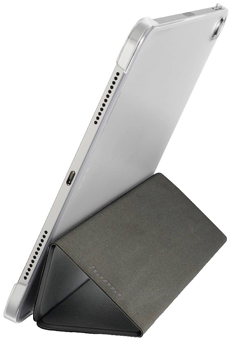 Tablet in einer Hülle mit integrierter Stütze, seitliche Ansicht zeigt Lautsprecher und USB-Anschluss.