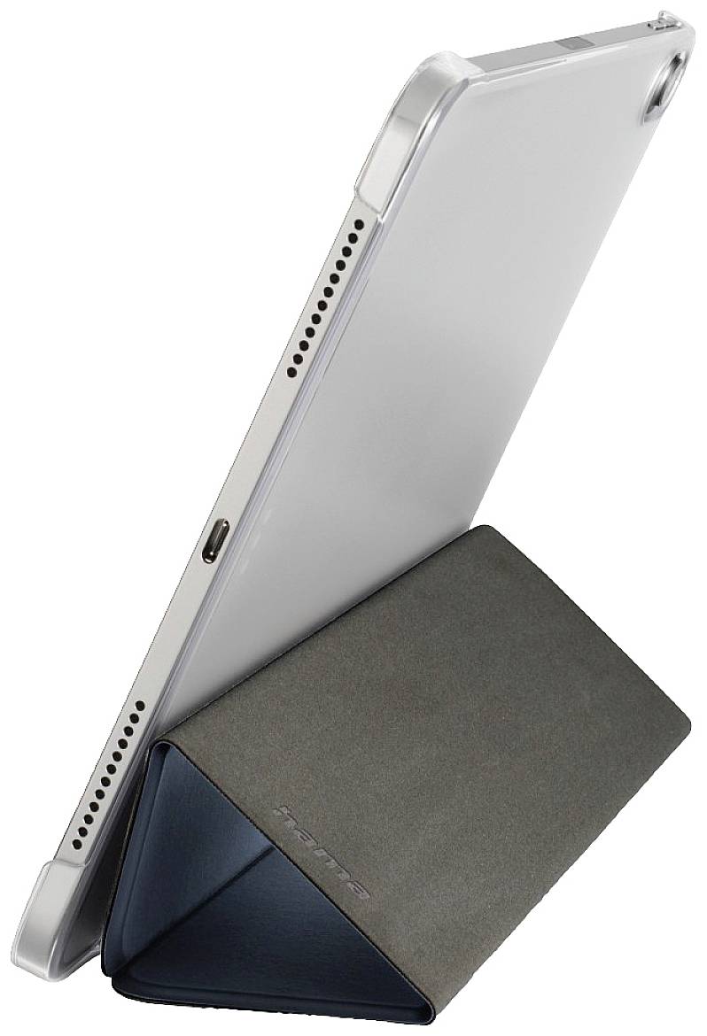 Tablet im Hochformat mit Schutzhülle, die als Standfuß dient. Hülle in Dunkelgrau, Tablet mit klaren Linien und Lautsprecherschlitzen.