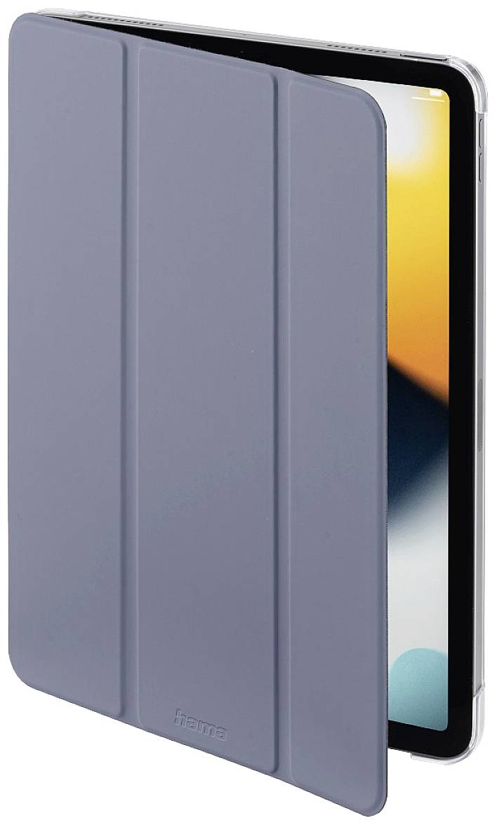 Graues Smart Cover für ein Smartphone oder Tablet, halb geöffnet; zeigt einen Bildschirm mit unscharfem Hintergrund.