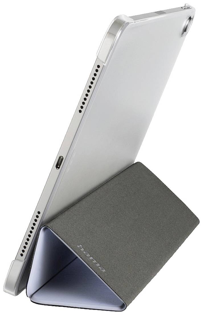 Ein Tablet steht in einem schrägen Winkel auf einem dreieckig gefalteten Cover, das als Ständer dient.