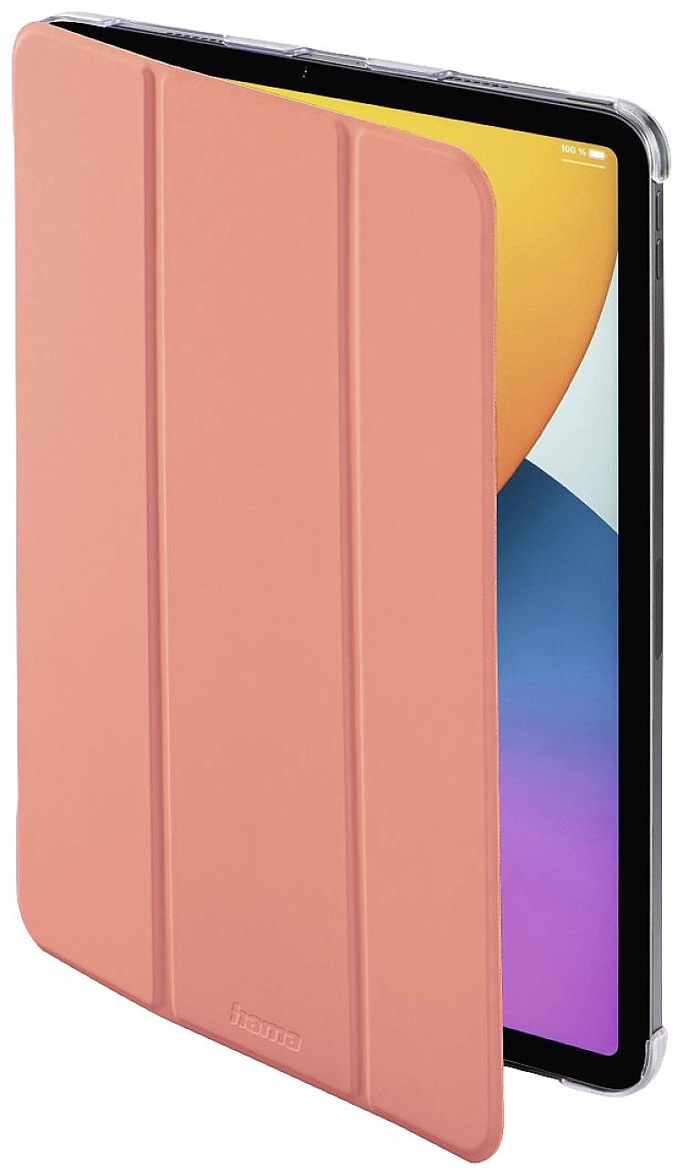 Ein Tablet mit einer halb geöffneten, orangefarbenen Schutzhülle, das aufrecht steht und einen Bildschirm mit buntem Hintergrund zeigt.