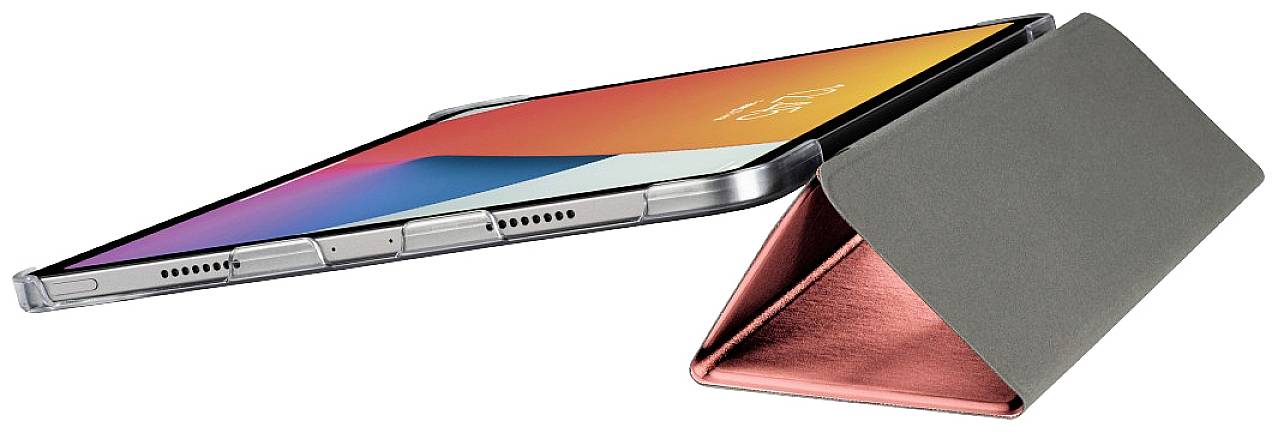 Ein modernes, faltbares Smartphone in halbgeöffneter Position. Bildschirm zeigt eine bunte Benutzeroberfläche.