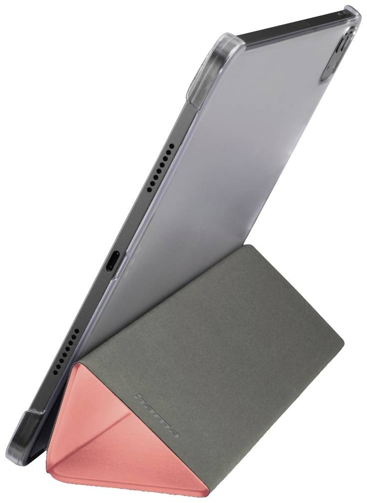 Ein Tablet in einer durchsichtigen Hülle ist in einer dreieckigen Halterung ausgestellt. Die Halterung ist teilweise schwarz und rot.