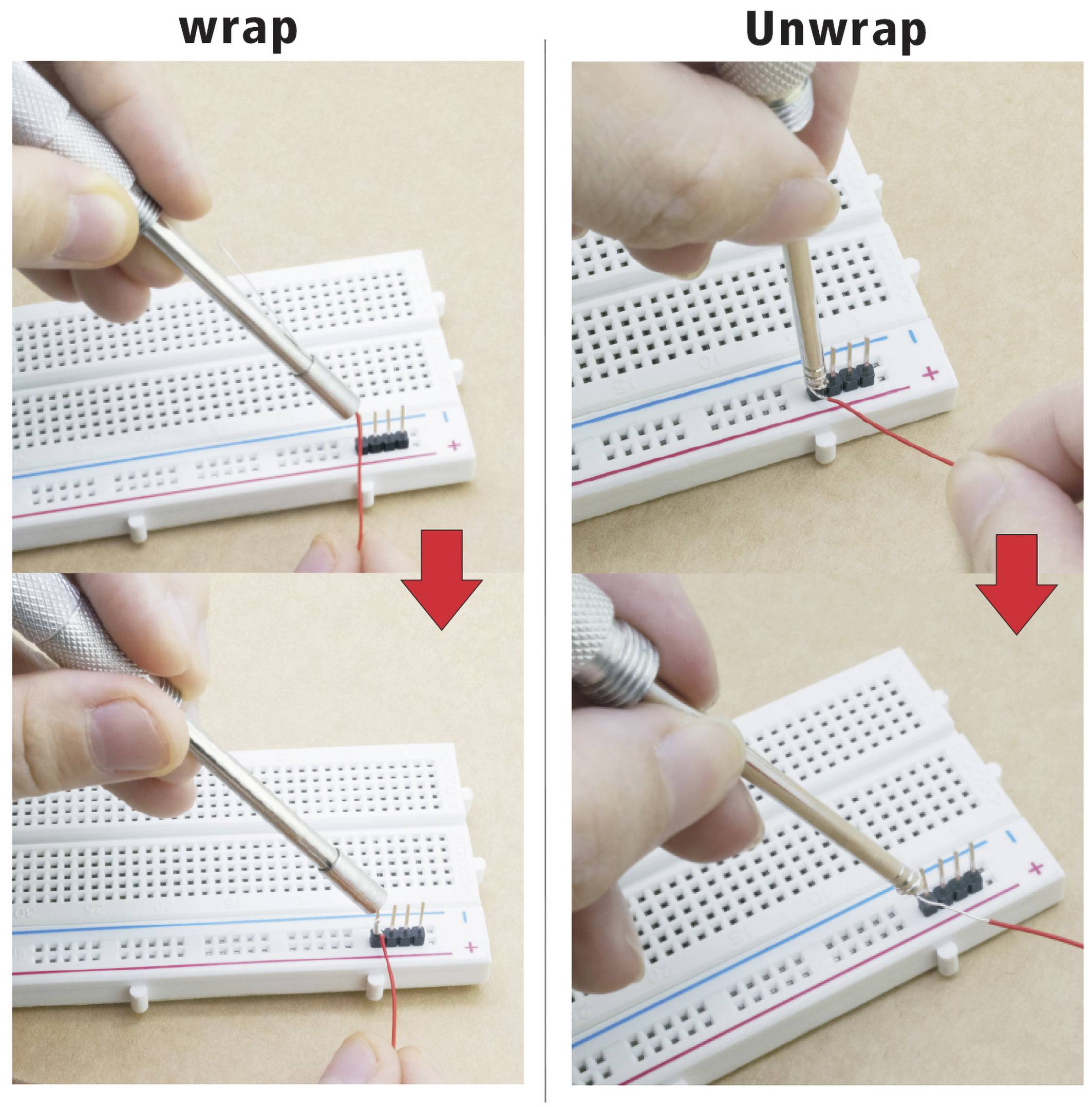 Drei Bilder zeigen eine Hand, die einen Draht um vorstehende Stifte auf einem Steckbrett wickelt (links) und abwickelt (rechts).
