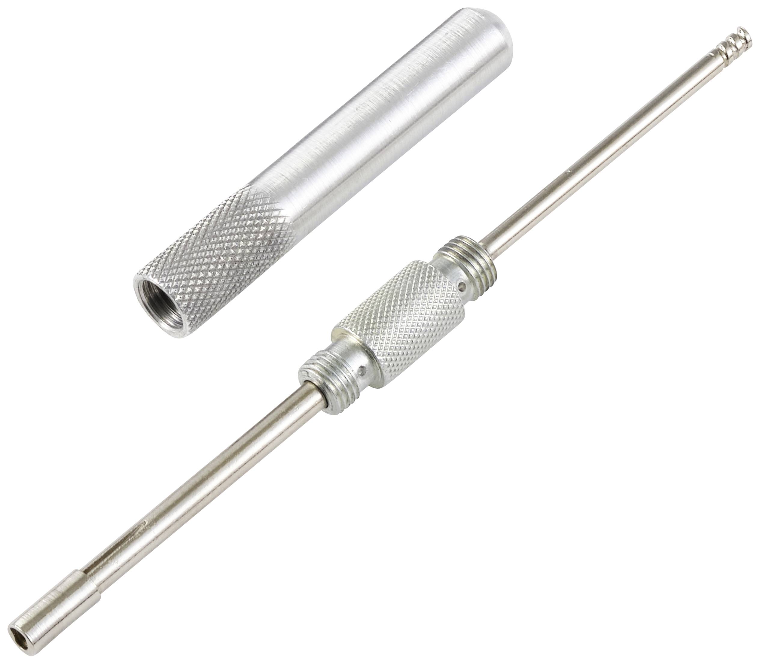 Ein Metallgriff und eine lange, schmale Stahlstange mit gerändelten Griffen für präzises Handwerk oder Montagearbeiten.