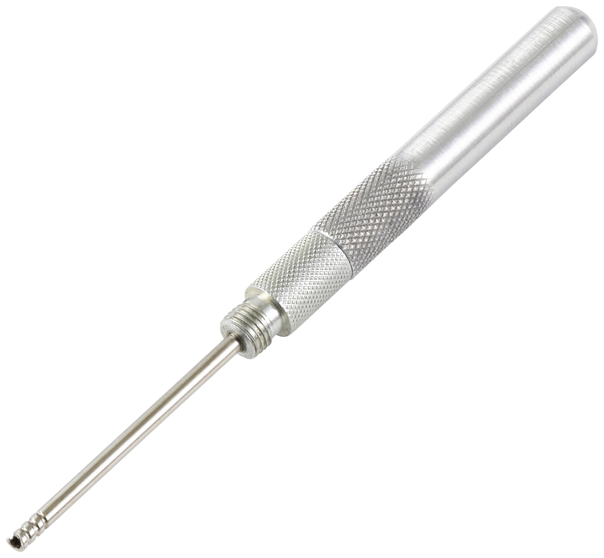 Ein silberfarbenes, zylindrisches Metallwerkzeug mit geriffeltem Griff, das möglicherweise für präzise technische Arbeiten verwendet wird.