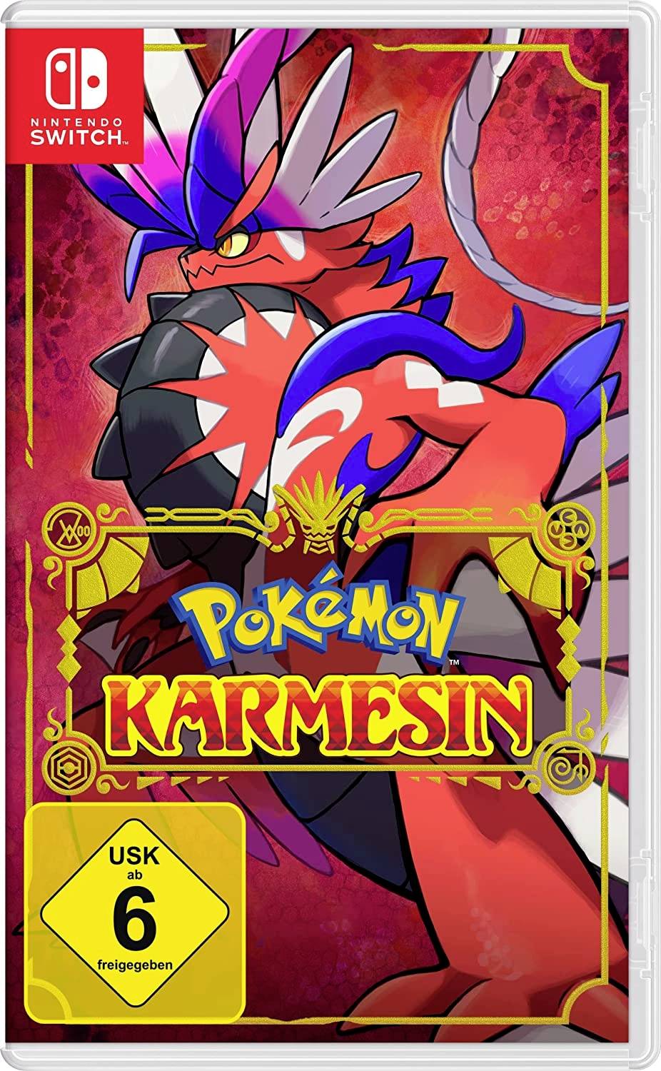Ein Videospiel-Cover für 'Pokémon Karmesin' auf Nintendo Switch zeigt ein buntes, drachenähnliches Pokémon auf rotem Hintergrund.