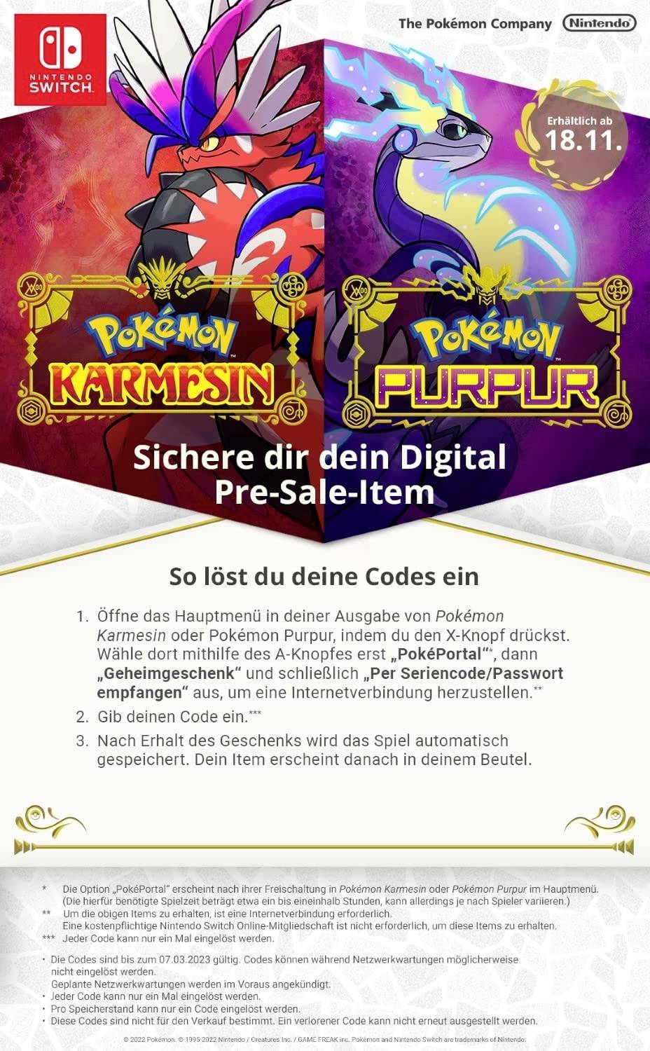'Pokémon Karmesin' und 'Pokémon Purpur' Coverbilder, Vorbestellungsinfo und Anleitung zum Einlösen digitaler Codes. Veröffentlichung 18.11.