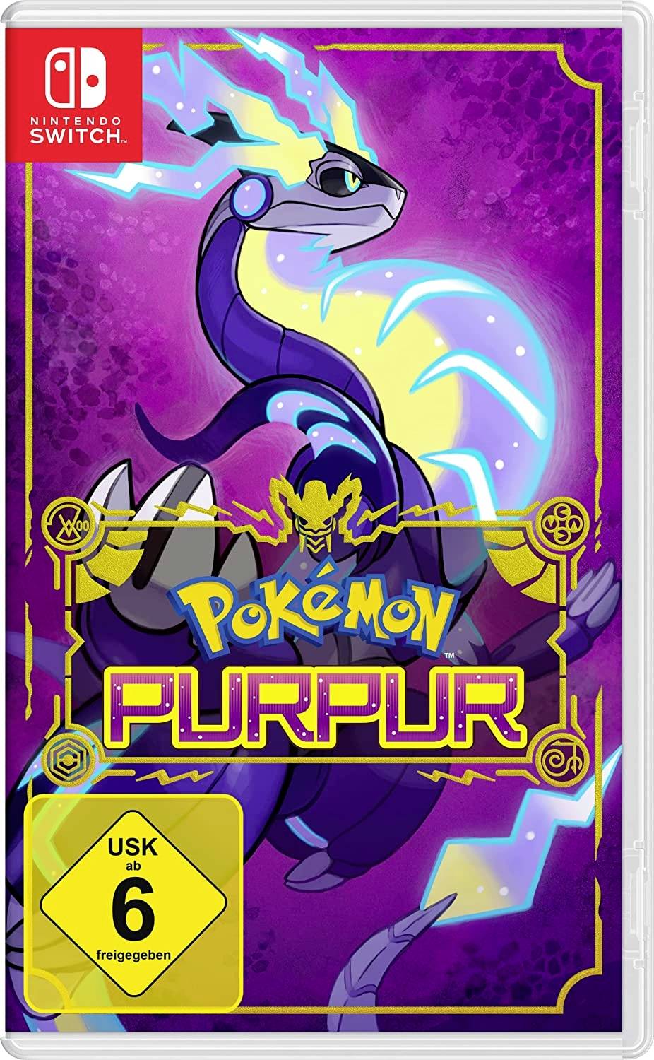 Das Bild zeigt das Spielcover von 'Pokémon Purpur' für Nintendo Switch. Ein lila Drache mit elektrischen Details ist abgebildet. USK 6.