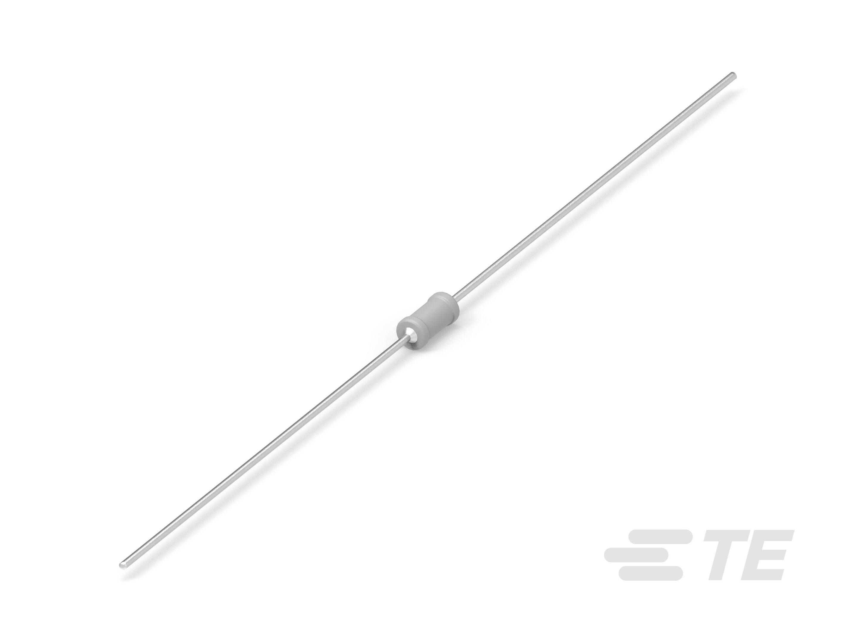Ein zylindrischer elektronischer Widerstand mit langen Drahtanschlüssen an beiden Enden, liegend in einer perspektivischen Seitenansicht.