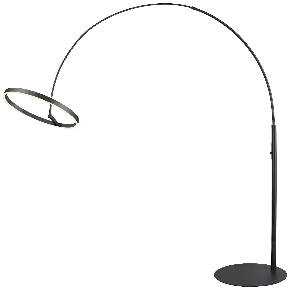 Schwarze, gebogene Stehlampe mit kreisförmigem Leuchtring am Ende. Modernes Design auf rundem Sockel. Ideal für Wohnzimmerbeleuchtung.