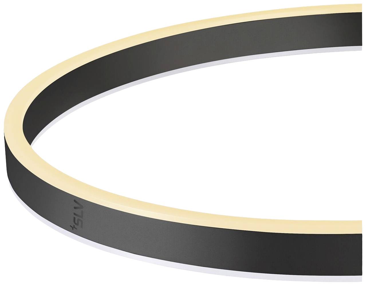 Schwarzer LED-Streifen mit warmweißem Licht. Flexibles Design, geeignet für dekorative Beleuchtung in modernen Innenräumen.