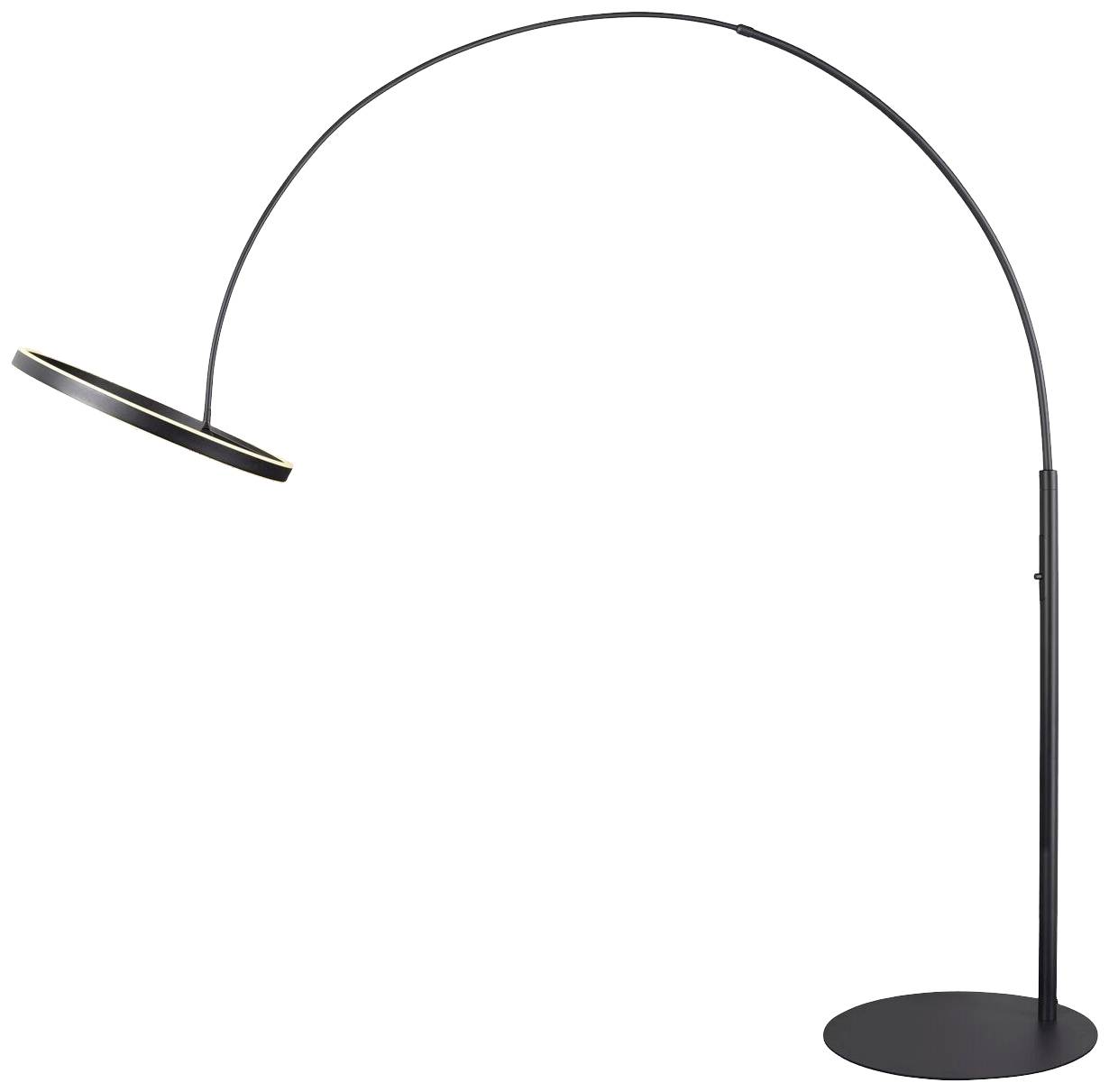 Schwarze, gebogene Stehlampe mit rundem Fuß und flachem, kreisförmigem Lampenschirm. Minimalistisches Design für moderne Räume.