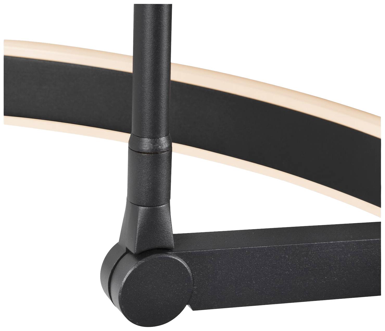 Nahaufnahme eines schwarzen, metallischen Stativs mit einem runden Fuß und einer gebogenen Struktur darüber.