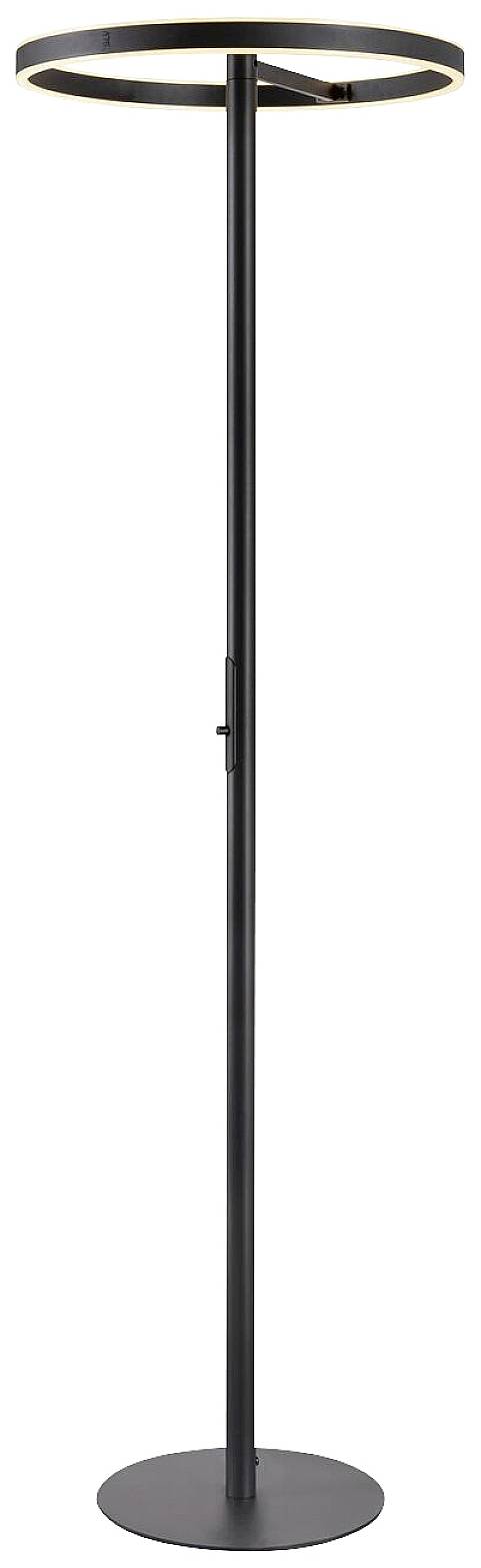 Stehleuchte mit schwarzem, schlanken Metallgestell und kreisförmigem LED-Lampenschirm. Modernes Design für Innenbeleuchtung.