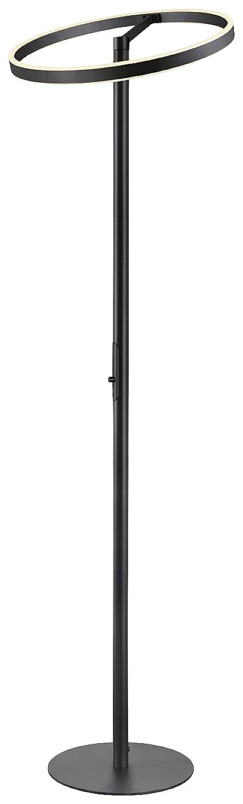 Stehleuchte mit schwarzem, schlankem Metallgestell und rundem, horizontalem LED-Ring oben, minimalistisch und modern gestaltet.
