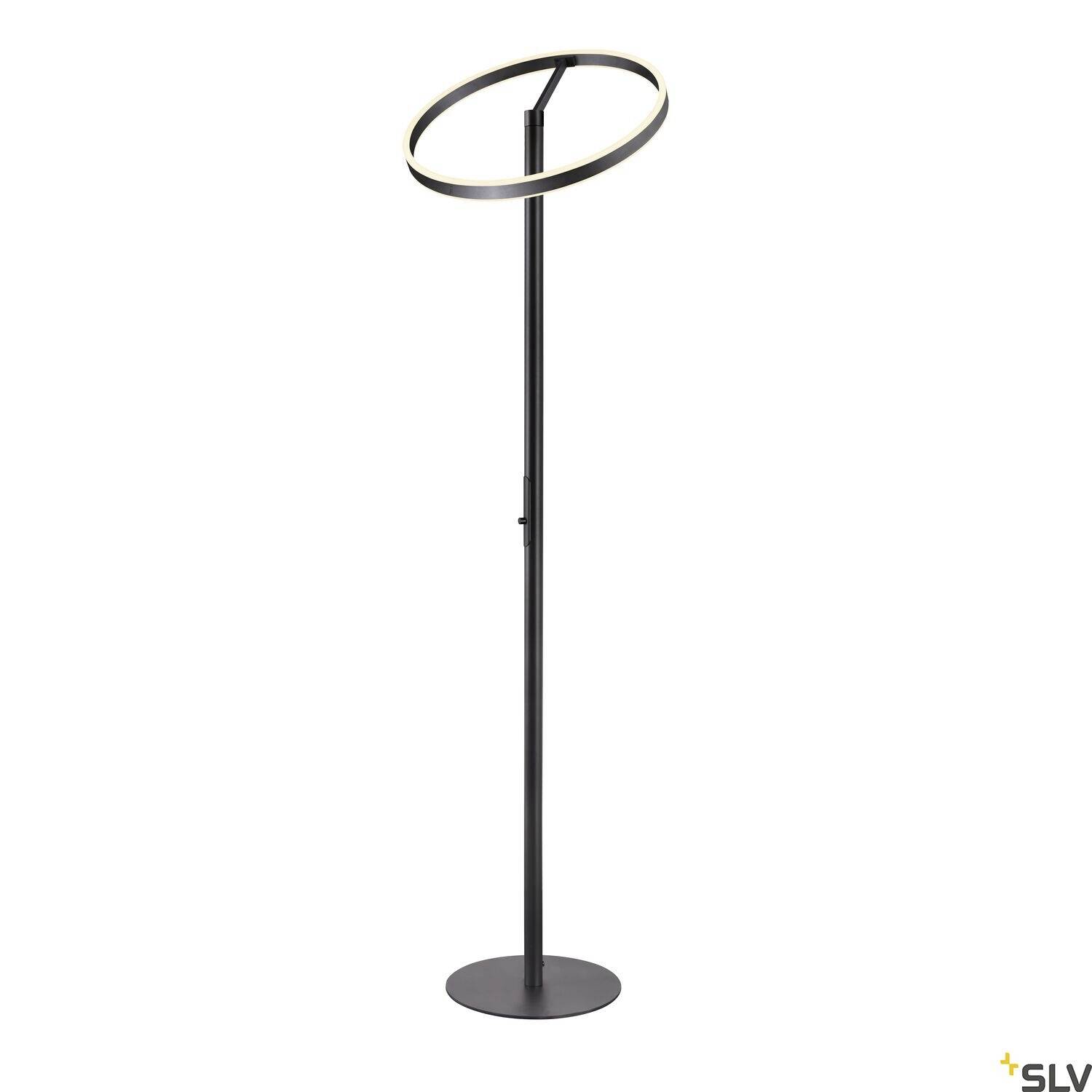 Stehleuchte mit rundem LED-Ring als Leuchtkopf, schwarzes schlankes Design, geeignet für modernes Wohnambiente.