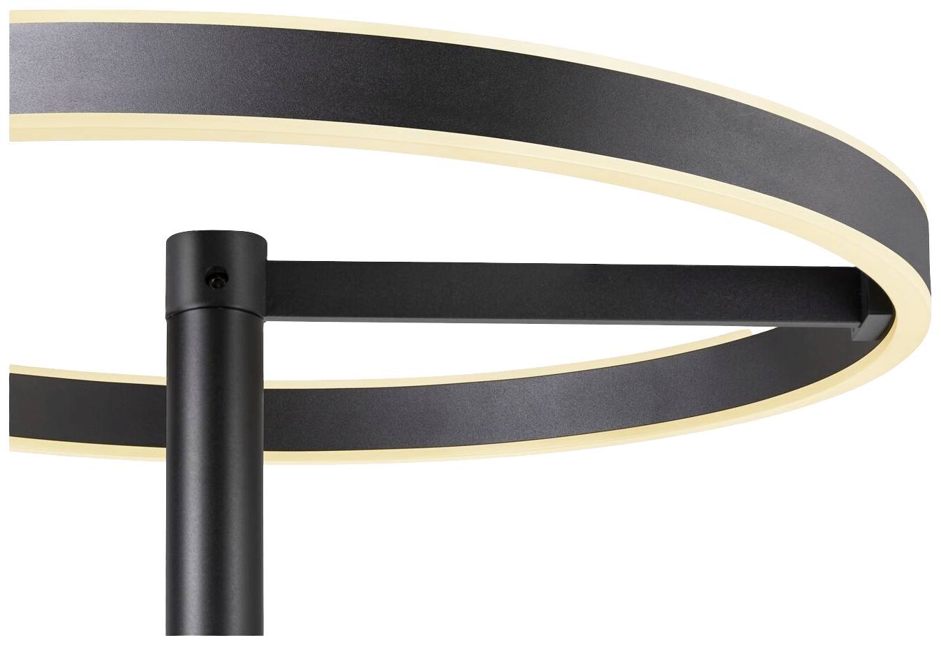 Schwarze, runde LED-Deckenleuchte mit schmalem, leuchtendem Ring, montiert an einer zentralen Stange.