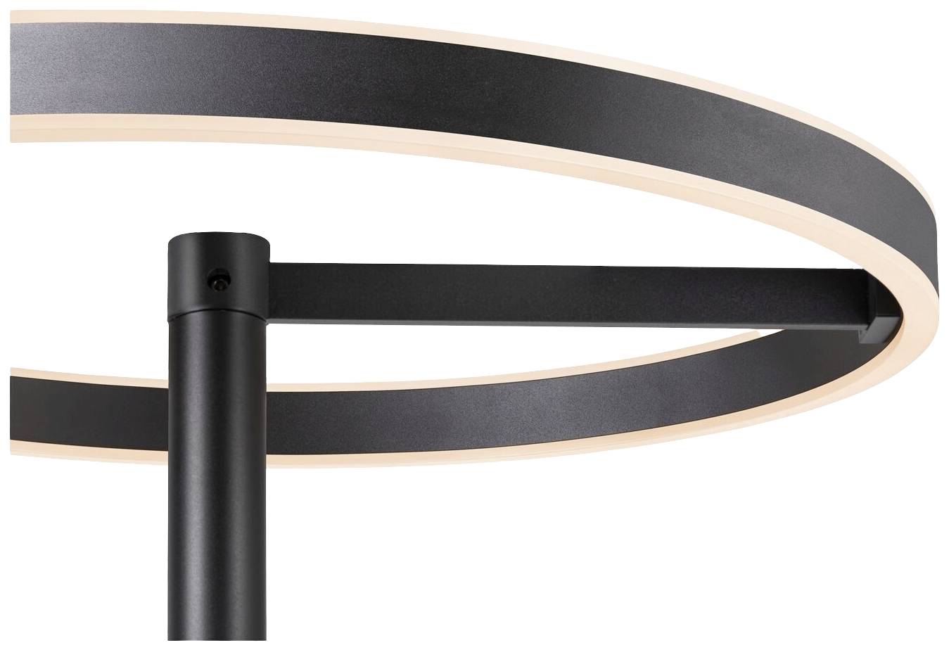 Schwarze, runde Deckenleuchte mit schlankem, modernem Design. Sie besteht aus einem ringförmigen Rahmen und einem zentralen Stab.