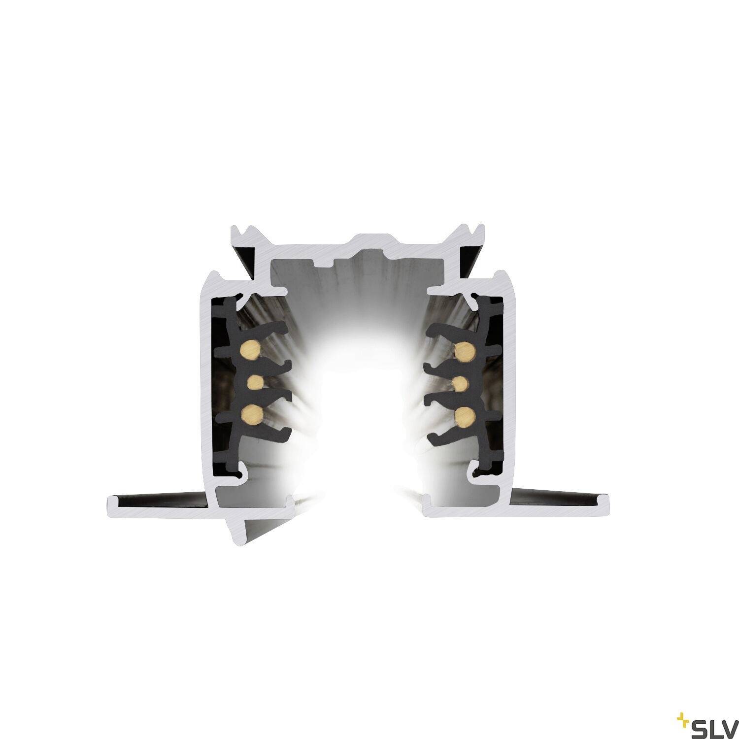 Querschnitt eines Aluminium-Profils mit drei parallelen Kabeln im Inneren, geeignet für die Montage von Beleuchtungssystemen.