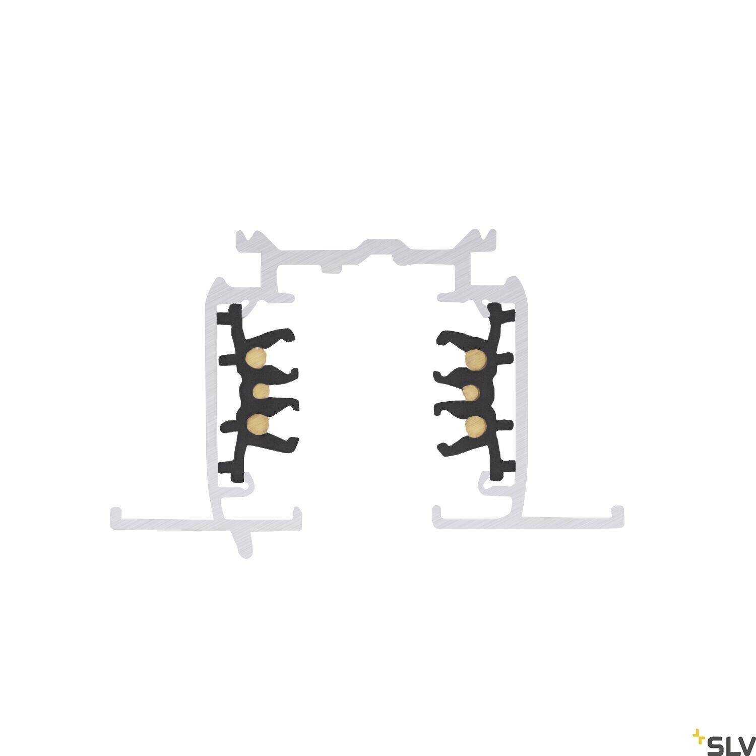 Querschnitt eines Aluminiumprofils mit schwarzer Innenstruktur. Geeignet für die Montage von Beleuchtungselementen.