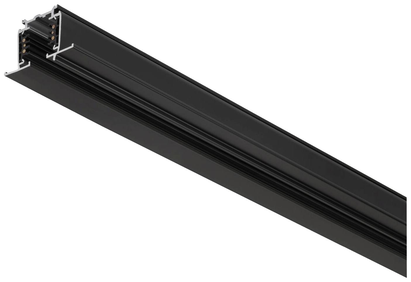 Schwarzes, gerades Beleuchtungsschienenprofil zur Deckenmontage; zeigt Verbindungselemente und Kabelkanäle im Querschnitt.