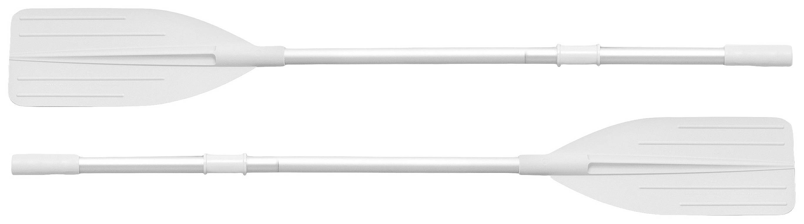 Zwei lange weiße Kunststoffpaddel mit geraden Schäften und flachen Blättern, nebeneinander liegend.