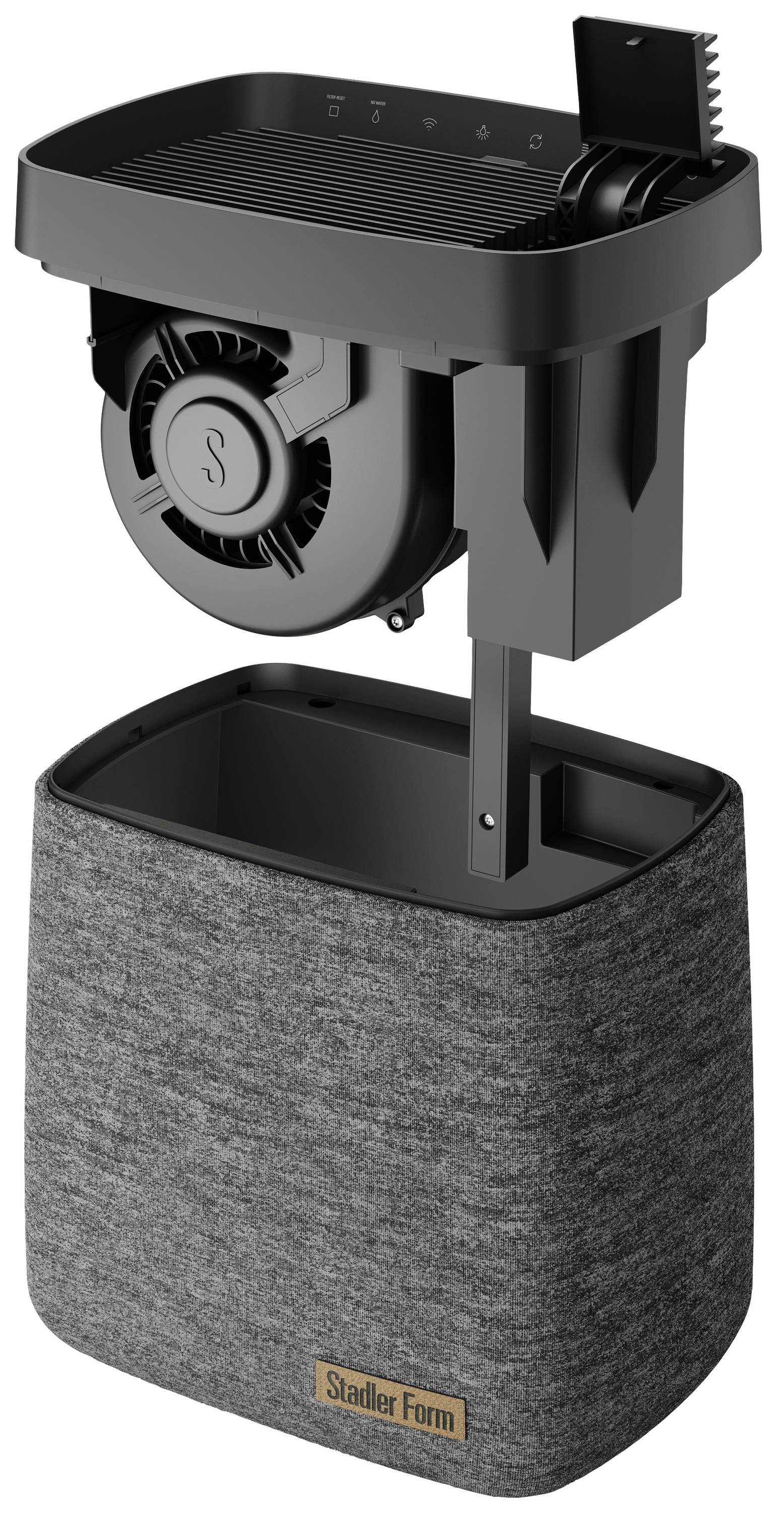 Luftbefeuchter mit geöffnetem Gehäuse zeigt Ventilator und Wassertank. Gerät in modernem Design, geeignet für Wohnraumnutzung.