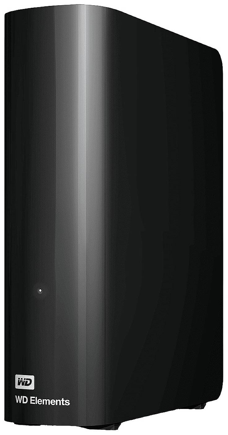 Externe Festplatte in einem schwarzen Gehäuse mit der Aufschrift 'WD Elements'.