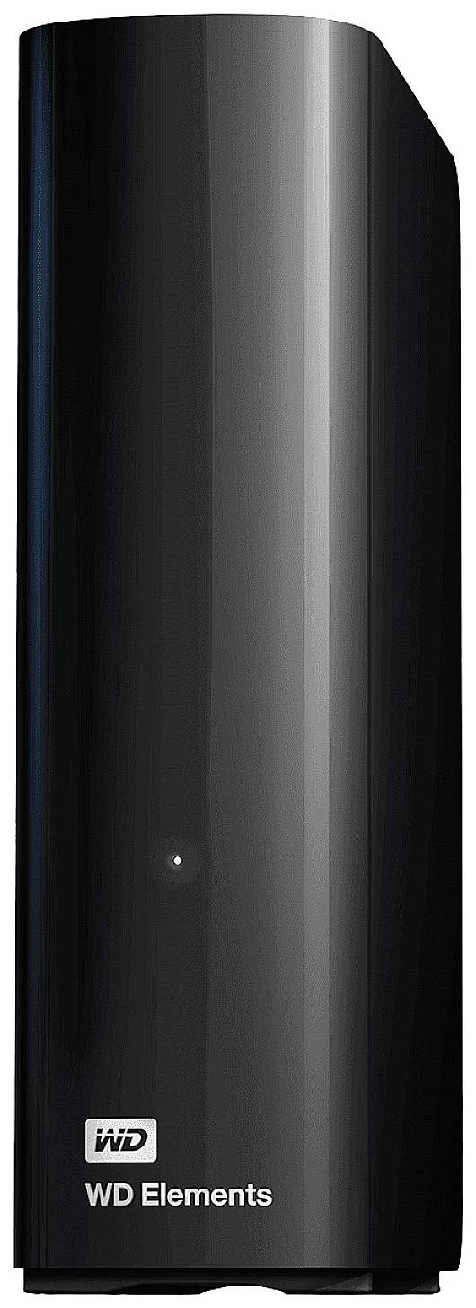 Externe Festplatte von WD Elements, schwarz, mit glänzendem Gehäuse; steht vertikal.