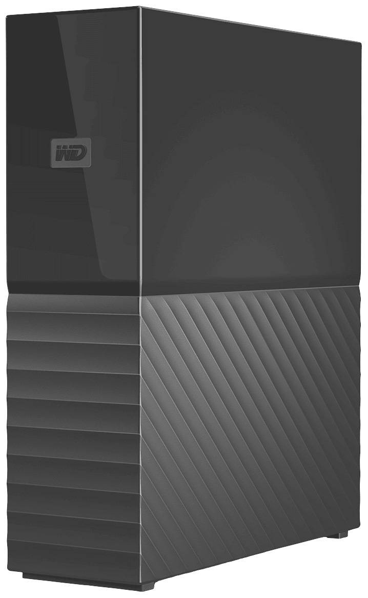 Externe Festplatte in Schwarz mit glänzendem und geripptem Design von Western Digital.
