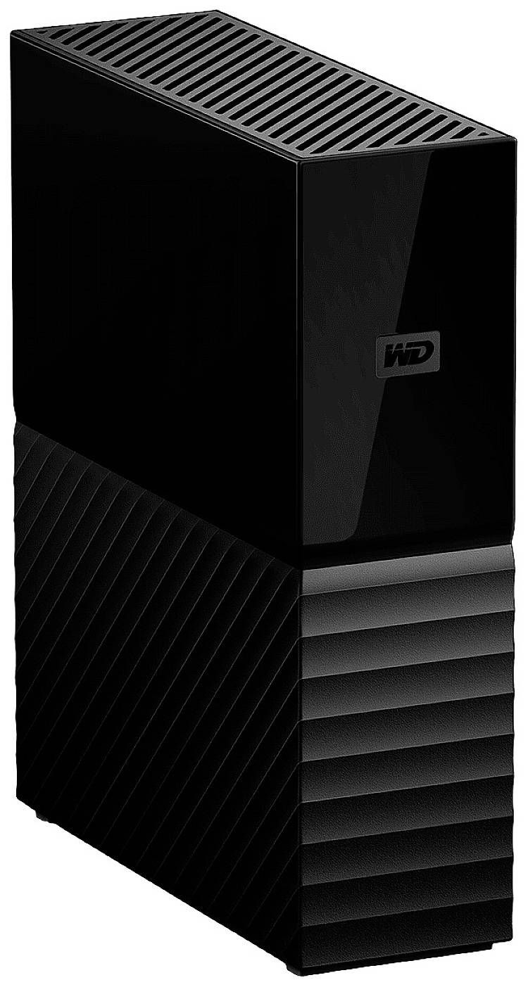 Externe Festplatte mit modernem Design. Schwarzes Gehäuse mit glänzender und geriffelter Oberfläche, geeignet zur Datenspeicherung.