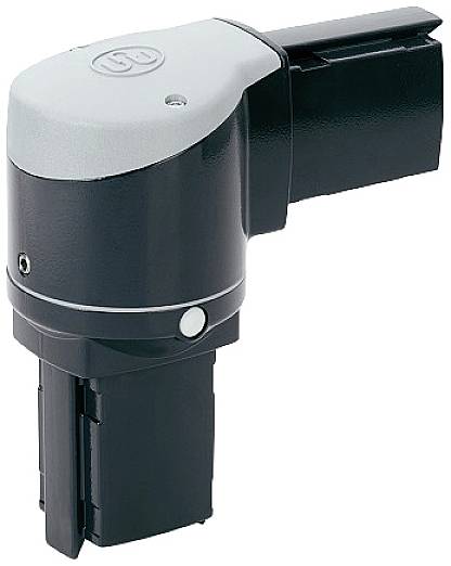 Ein silbernes und schwarzes elektrisches Bauteil in L-Form.