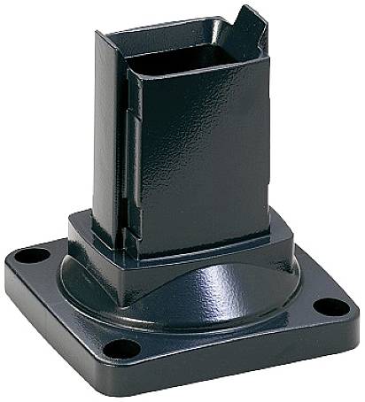 Schwarzer, massiver Metallsockel mit rechteckigem, hohlem Aufsatz und vier Befestigungsschrauben. Verwendet für strukturelle Unterstützung.