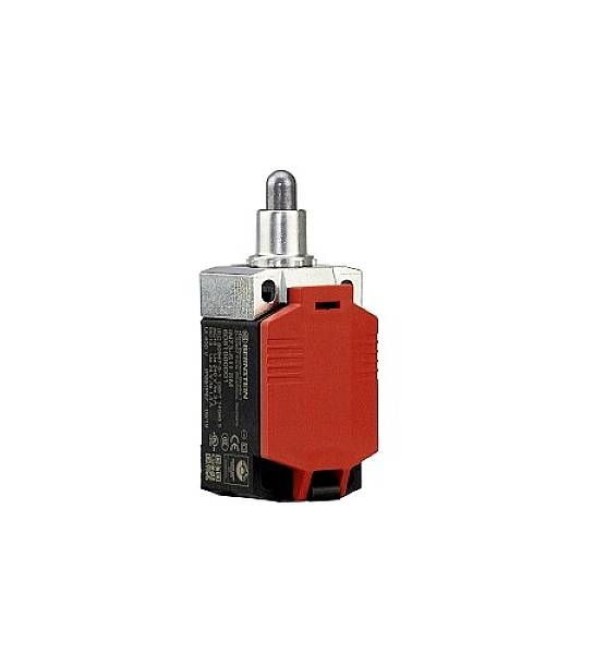 Ein roter Endschalter mit Hebelmechanik, verwendet zur Steuerung von elektrischen Geräten und Maschinen in der Automatisierungstechnik.