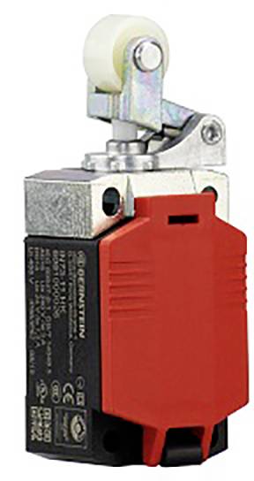Ein roter Sicherheitsschalter mit einem Metallhebel und weißem Rollenkopf, geeignet für industrielle Anwendungen und Maschinen.