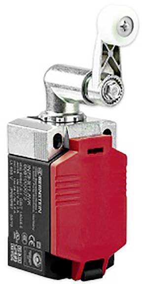 Ein Endschalter mit einem Hebelarm und einer weißen Rolle, rotes Gehäuse. Wird in automatisierten Systemen zur Positionsbestimmung verwendet.
