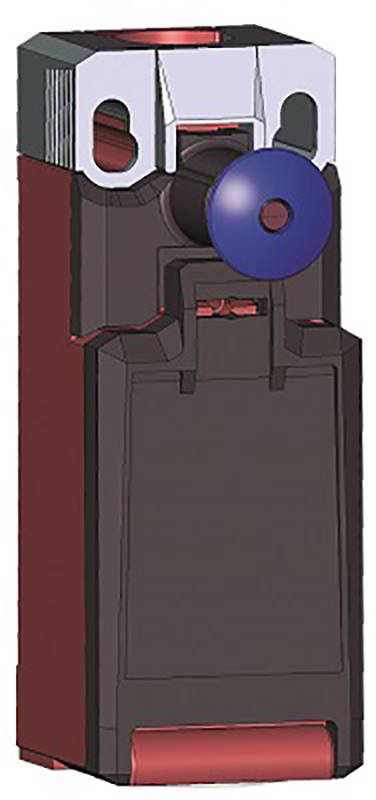 Ein rechteckiges, rotes mechanisches Bauteil mit silberner Oberseite und einem blauen Drehknopf in der Mitte.