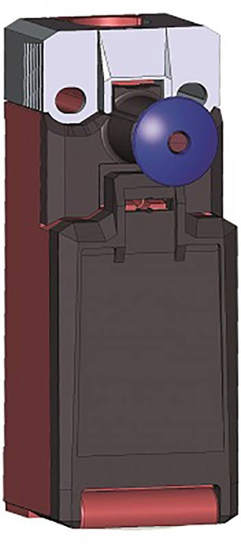 Industrie-Schalter mit rotem Gehäuse und blauem Druckknopf, geeignet für mechanische Gerätebedienung und Sicherheitsanwendungen.
