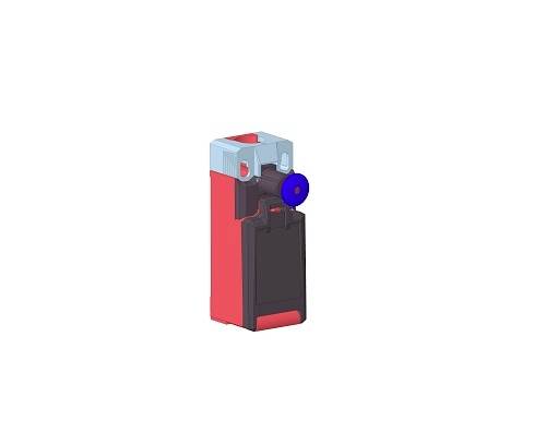 Ein 3D-Modell eines roten Feuerzeugs mit blauer Zündvorrichtung, seitlich gesehen.