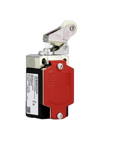 Roter Positionsschalter mit Hebel und Rolle oben, verwendet zum Sichern und Steuern der Bewegung in Maschinen und Anlagen.