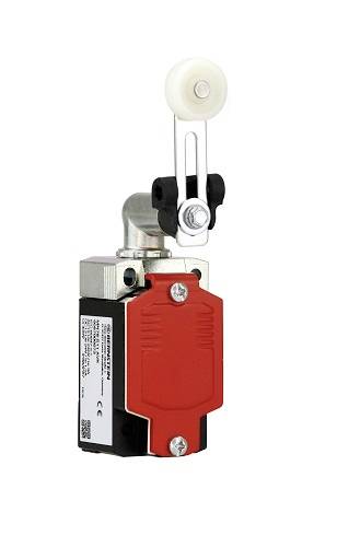 Ein roter Sicherheitsschalter mit einer Metallrolle, der in industriellen Anwendungen zur Überwachung von Maschinenpositionen verwendet wird.