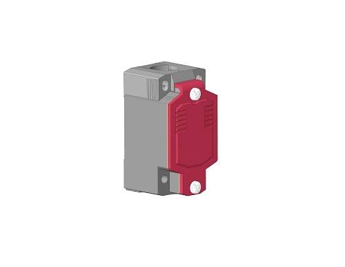 Ein grauer elektrischer Schalter mit roter Schutzabdeckung, dargestellt im Profil. Der Schalter hat zwei Schrauben an der Abdeckung.