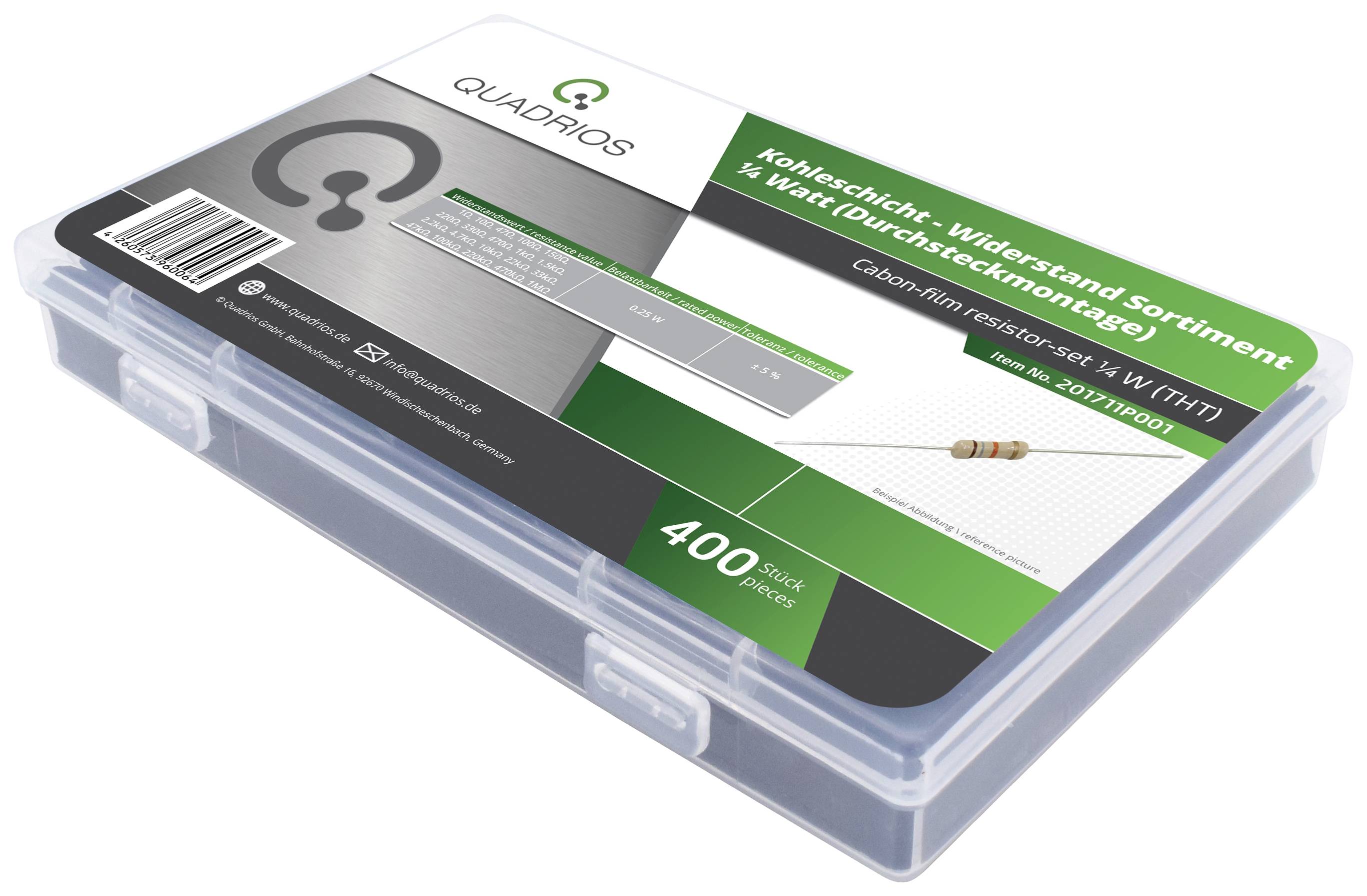 Quadrios 201711P001 201711P001 Kohleschicht-Widerstand Sortiment axial bedrahtet 0.25W 5% 400St.