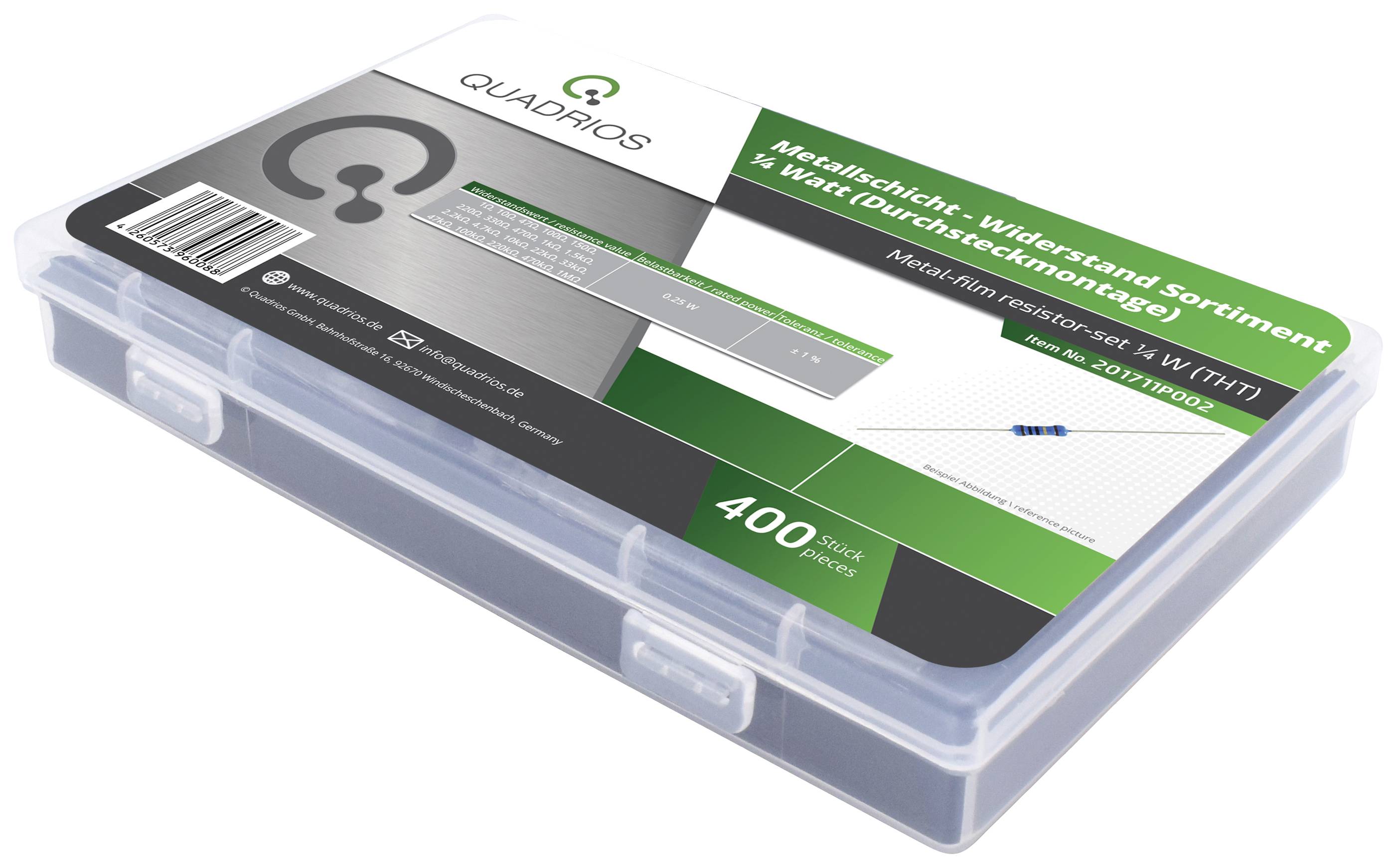 Quadrios 201711P002 201711P002 Metallschicht-Widerstand Sortiment axial bedrahtet 0.25W 1% 400St.