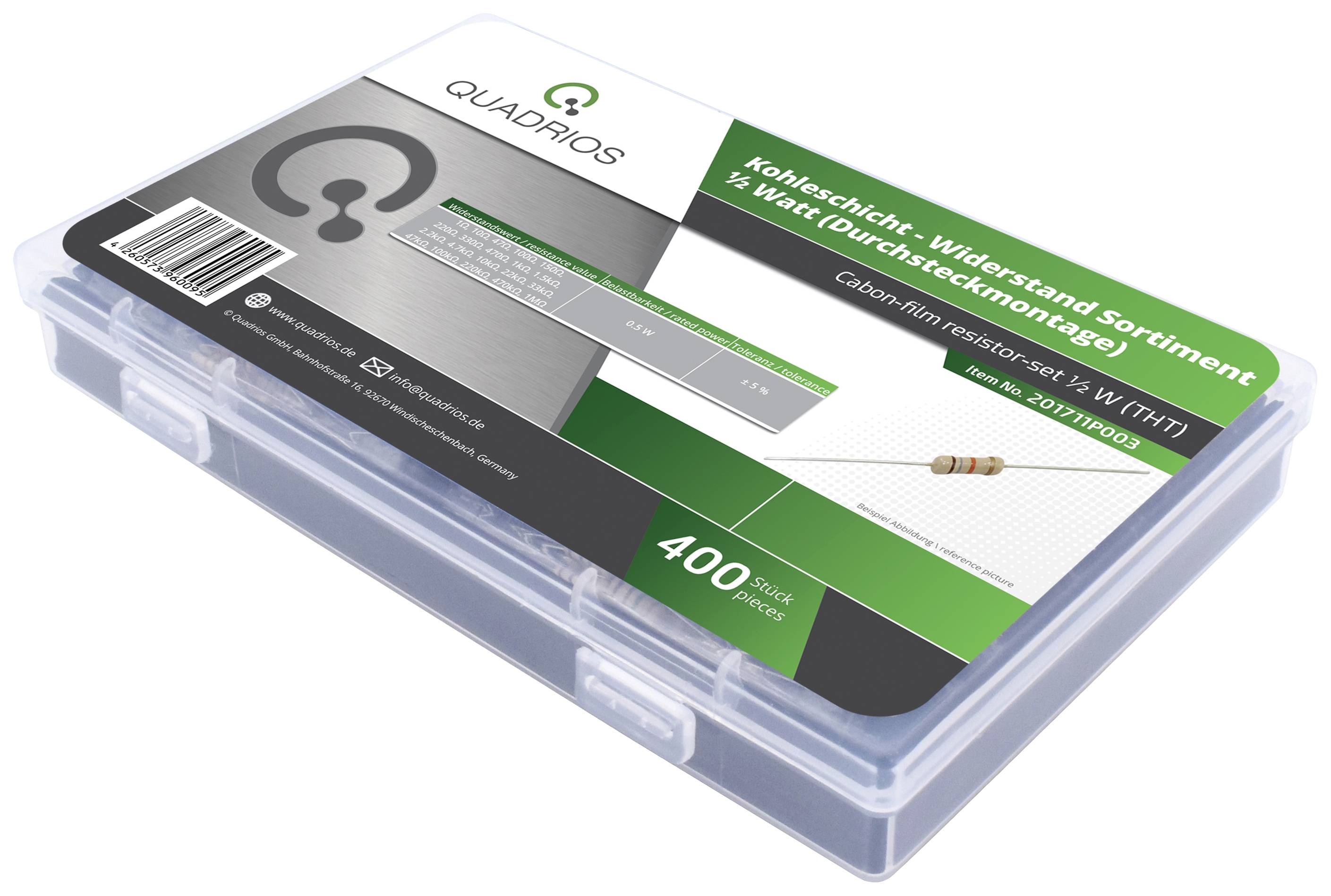 Quadrios 201711P003 201711P003 Kohleschicht-Widerstand Sortiment axial bedrahtet 0.5W 5% 400St.