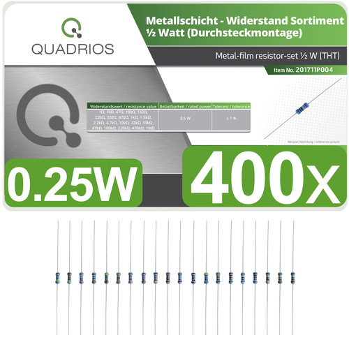 Quadrios 201711P004 201711P004 Metallschicht-Widerstand Sortiment axial bedrahtet 0.5 W 1 % 400 St.