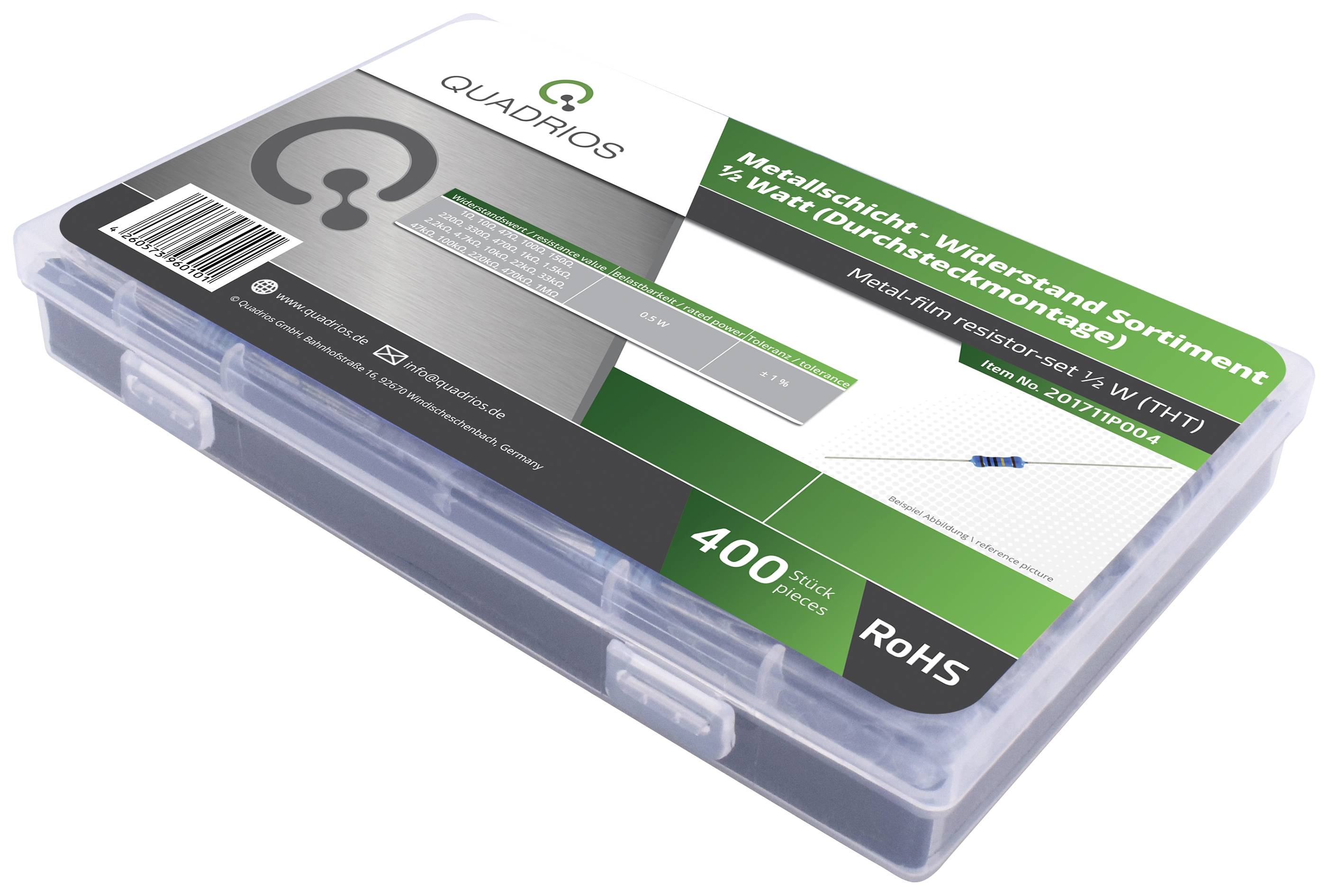 Quadrios 201711P004 201711P004 Metallschicht-Widerstand Sortiment axial bedrahtet 0.5W 1% 400St.