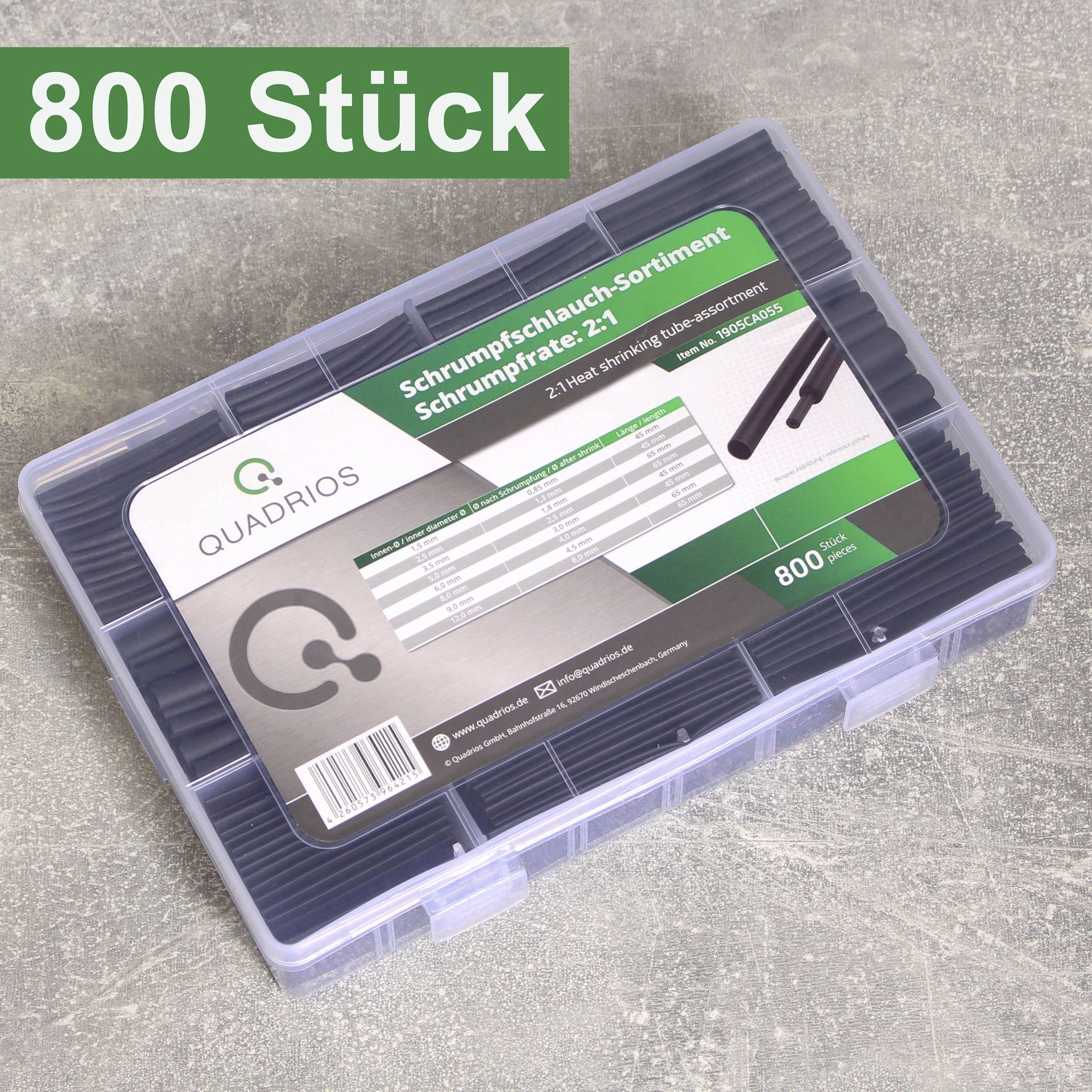 'Schrumpfschlauch-Sortiment, 800 Stück' in einer transparenten Kunststoffbox mit grünem Etikett.