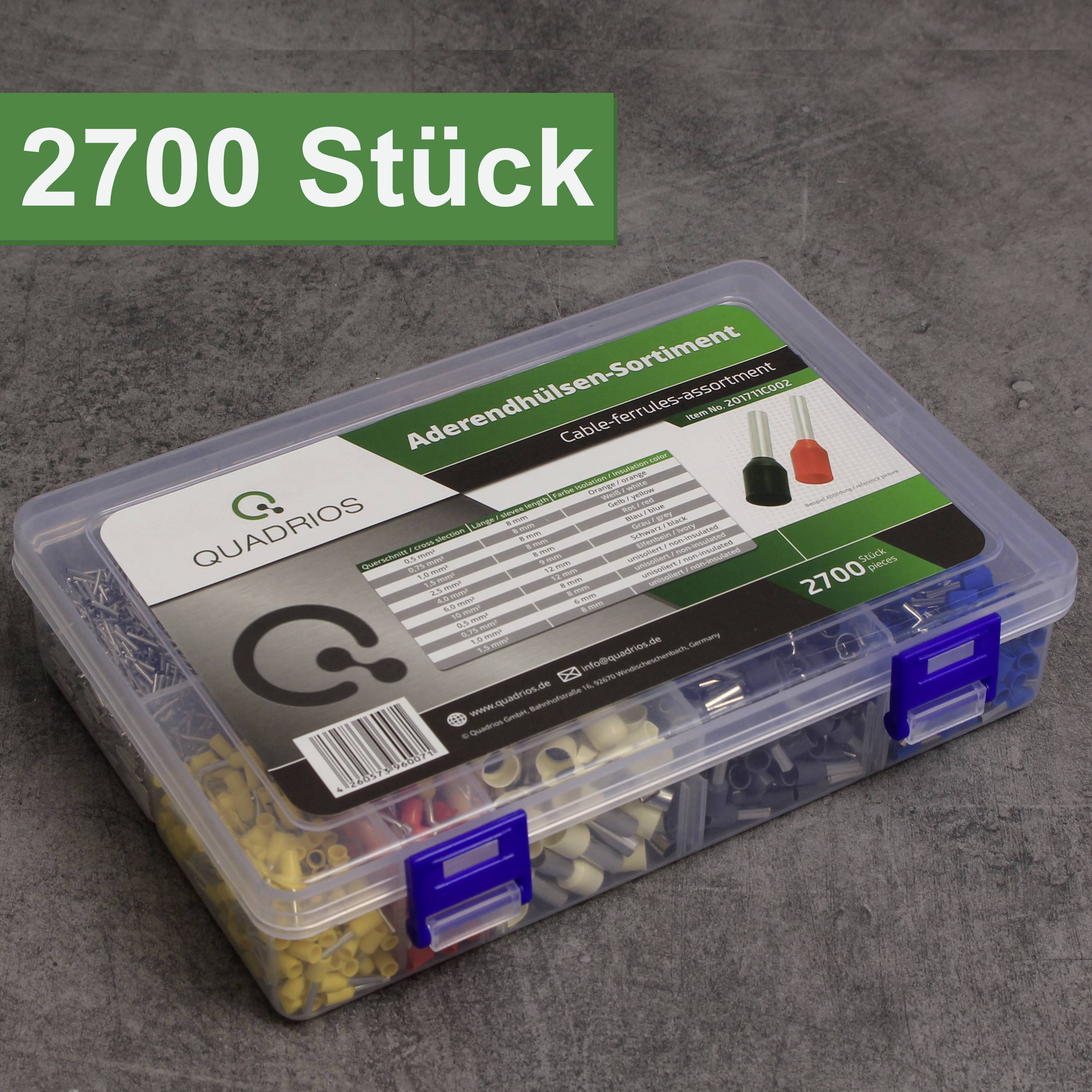 Quadrios 201711C002 Aderendhülsen-Sortiment Teilisoliert Weiß, Schwarz, Grau, Blau, Rot, Gelb, Weiß, Orange, Natur 2700St.